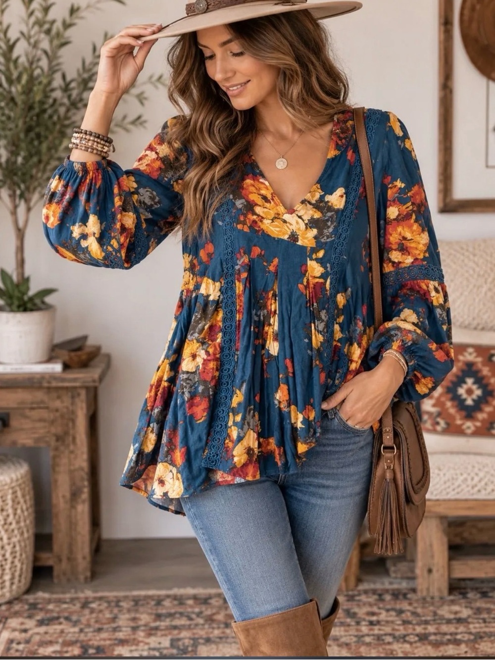 Blu Pepper Floral Boho Peasant Blouse Lace Trim Teal Size S